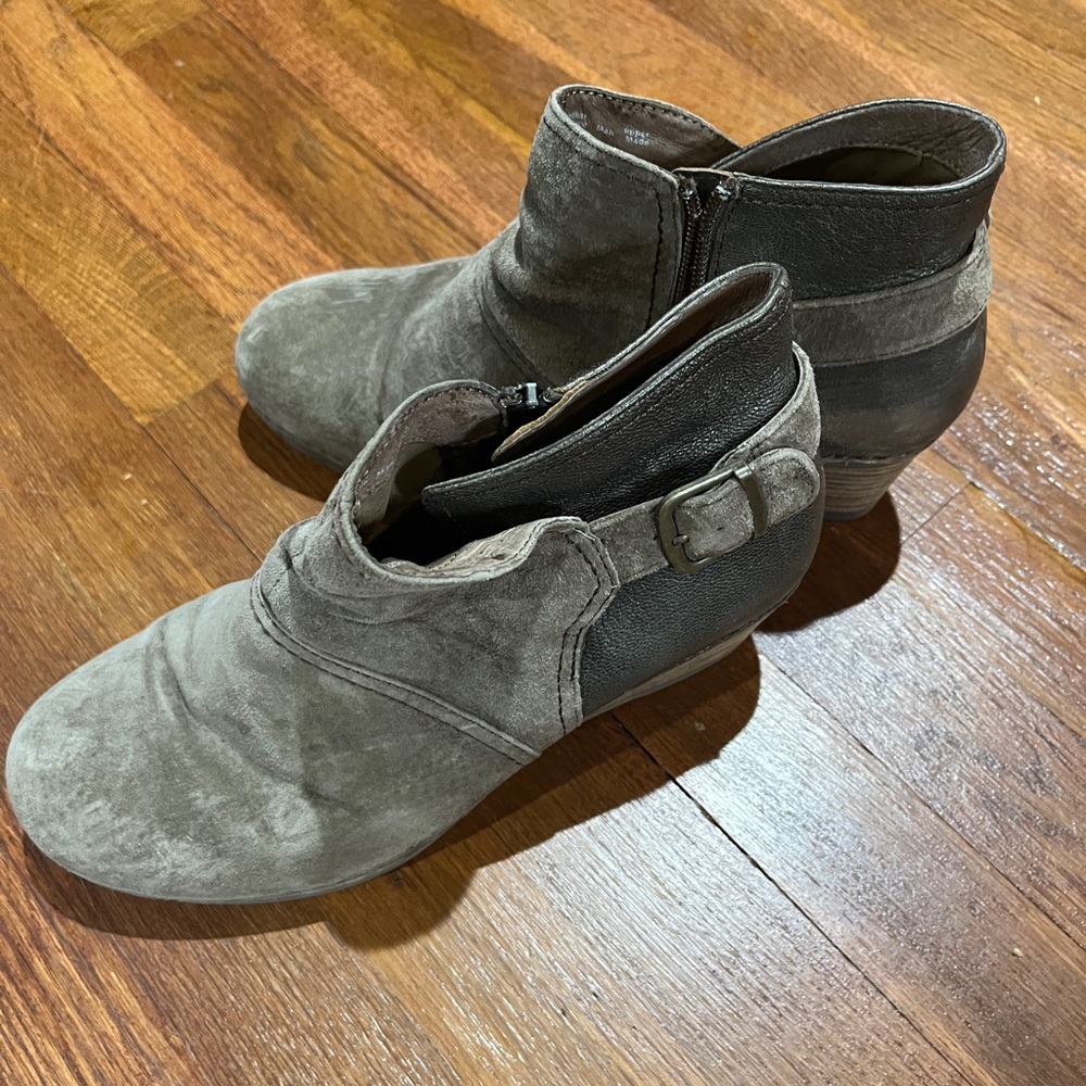 Dansko Shirley Side Zip Buckle Ankle Booties in brown nubuck leather, size 41